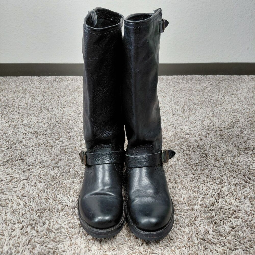 Frye Veronica Slouch Boots Womens 8.5 B Black Leather Riding Moto Harness Buckle - Picture 2 of 11